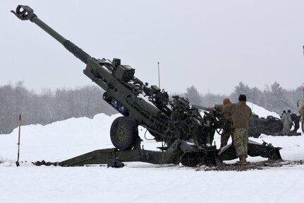 Soldiers from C Battery, 1st Battalion, 120th Field Artillery Regiment, Wisconsin Army National Guard, fire M777A2 155 mm howitzers to provide integrated fire support during Northern Strike 20-2/Winter Strike, a cold weather joint training exercise, Camp Grayling, Mich., Jan. 24, 2020. Northern Strike is the largest reserve-component Department of Defense exercise.