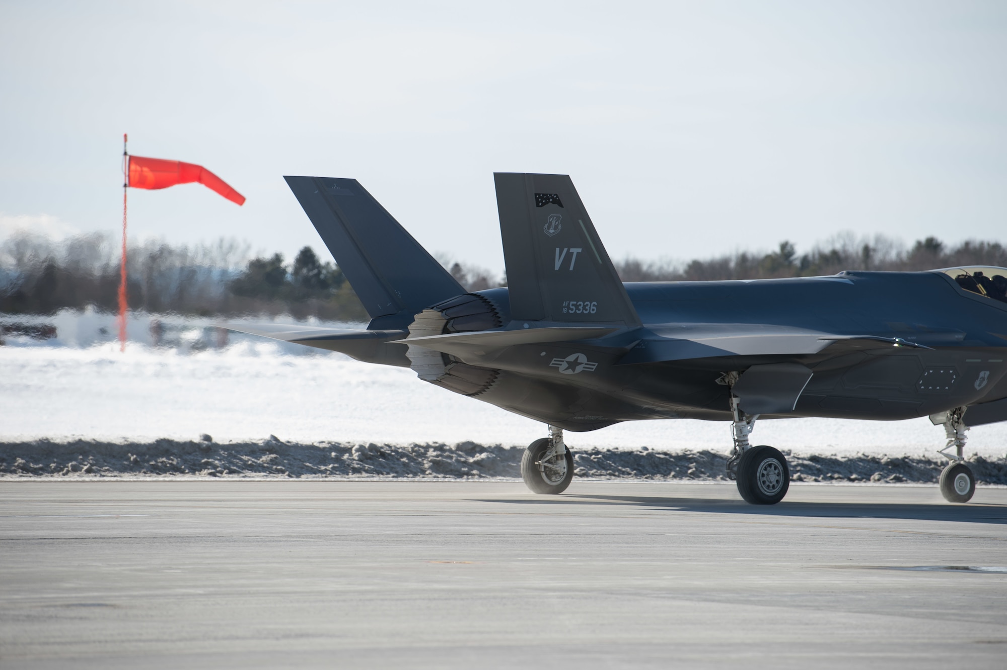 A pilot assigned to the 134th Fighter Squadron, 158th Fighter Wing, Vermont Air National Guard, returns to base in their F-35A Lightning II during routine flying operations