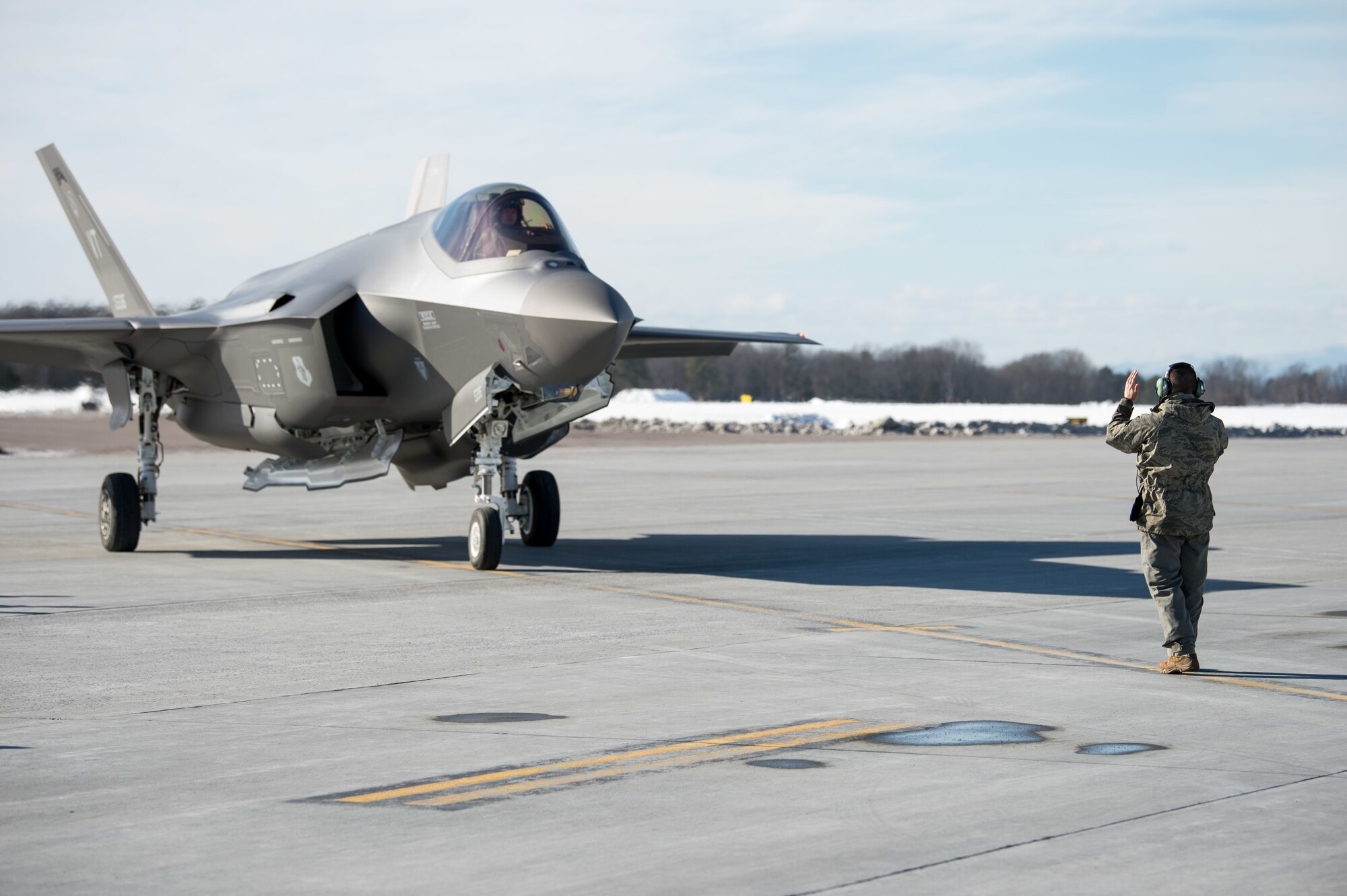 A pilot assigned to the 134th Fighter Squadron, 158th Fighter Wing, Vermont Air National Guard, returns to base in their F-35A Lightning II during routine flying operations.