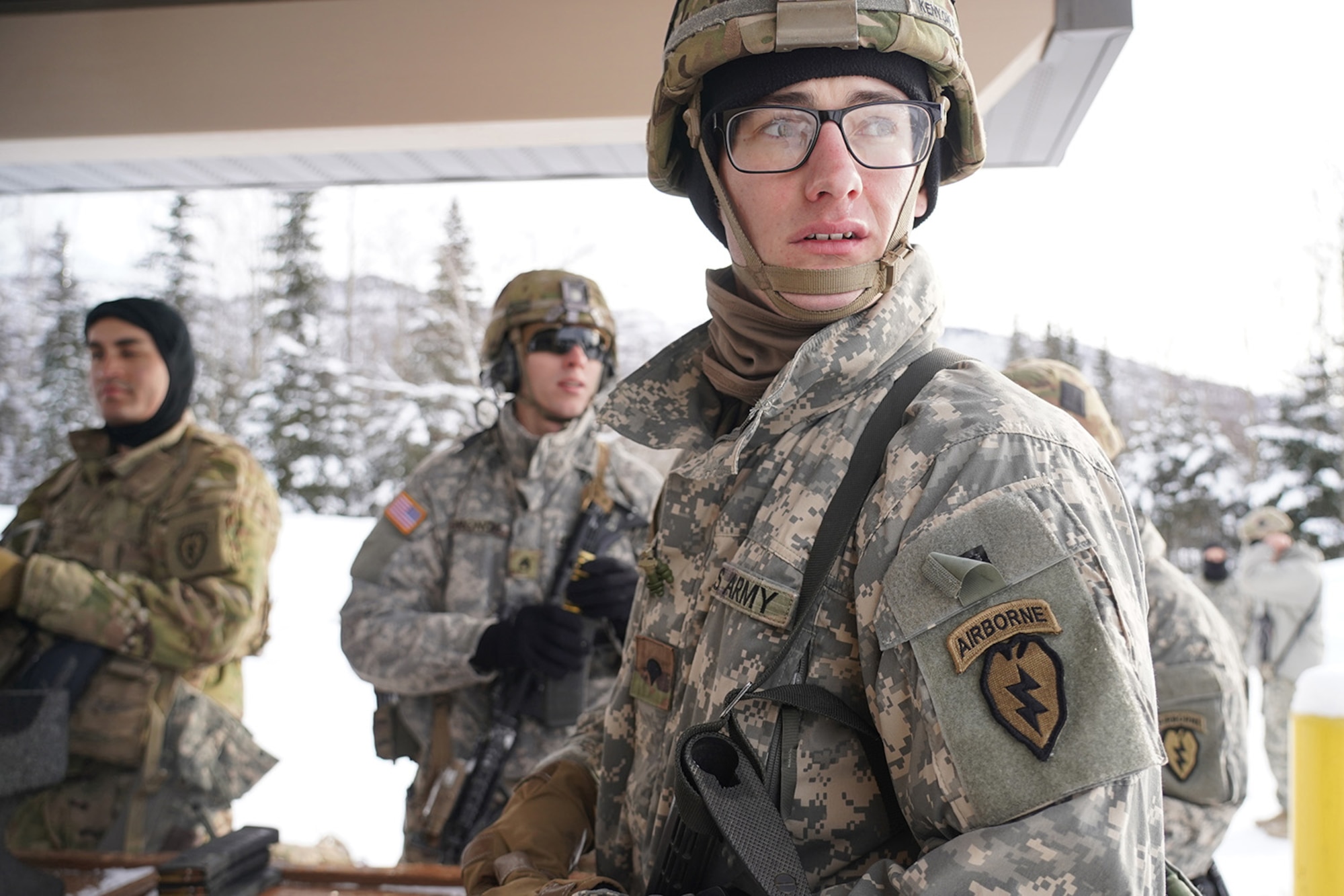 Paratroopers assigned to 1st Battalion, 501st Parachute Infantry Regiment, 4th Infantry Brigade Combat Team (Airborne), 25th Infantry Division, U.S. Army Alaska, qualify with M-4 carbines on Joint Base Elmendorf-Richardson, Alaska, March 3, 2020.