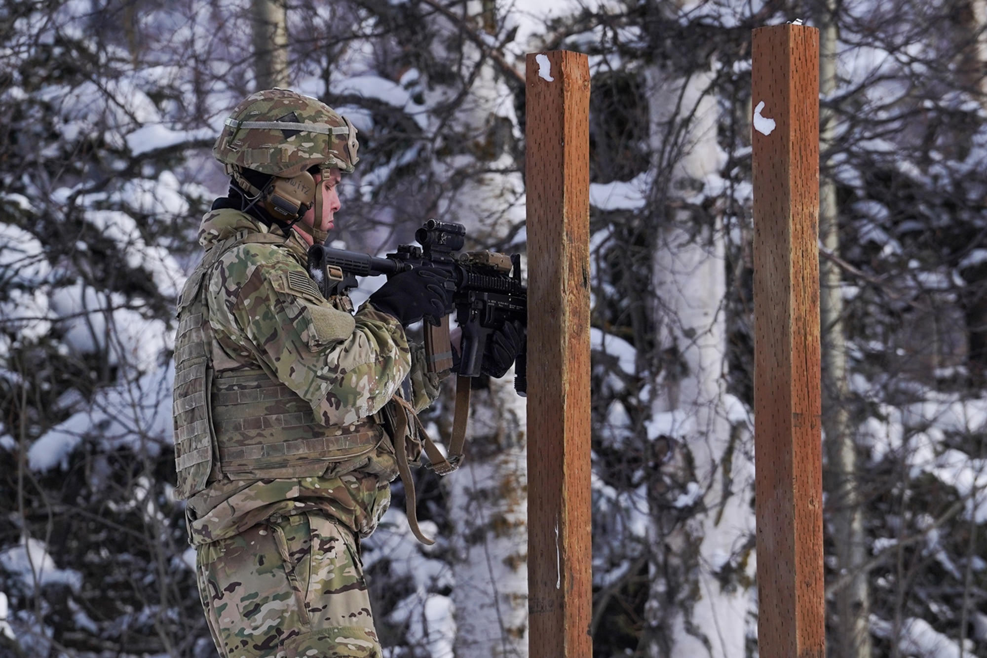 Paratroopers assigned to 1st Battalion, 501st Parachute Infantry Regiment, 4th Infantry Brigade Combat Team (Airborne), 25th Infantry Division, U.S. Army Alaska, qualify with M-4 carbines on Joint Base Elmendorf-Richardson, Alaska, March 3, 2020.