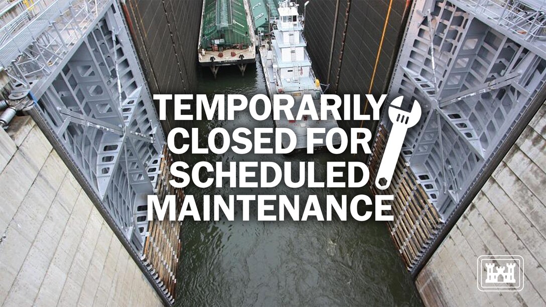 Temporarily Closed for Maintenance. Barges exiting The Dalles Navigation Lock