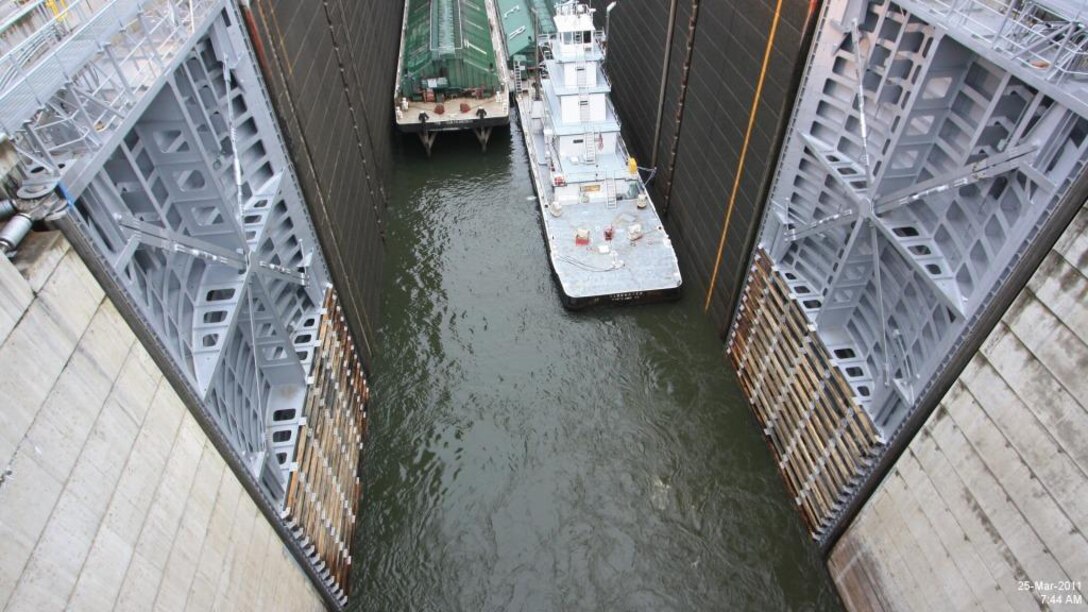 Barges exiting The Dalles Navigation Lock
