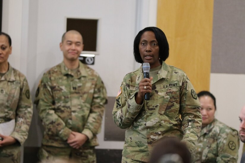 U.S. Army Reserve Col. Cynthia Cook, of Tampa, Florida, and chief of staff, 364th Sustainment Command (Expeditionary), speaks to more than 130 senior leaders and staff from brigades, battalions and companies during this year’s Senior Leader Workshop, on the importance of having a shared understanding and alignment with Army and 364th ESC priorities. The 364th ESC provides trained, equipped, and ready leaders, Soldiers and cohesive units to meet global requirements across the full range of operations, supports Soldiers, civilian employees and Families, ensures stewardship of resources, engages our communities with local events, employer partnerships, and support to civil authorities.