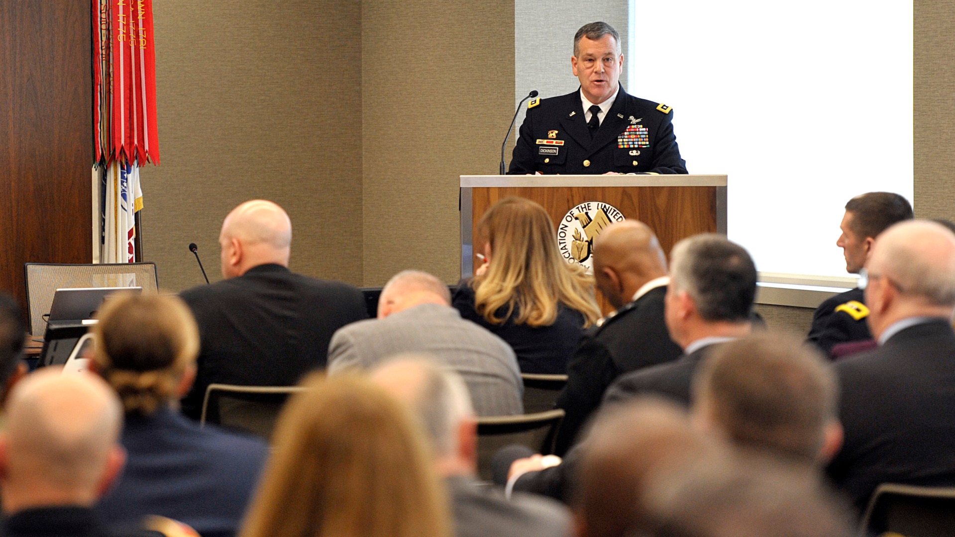 Lt. Gen. James Dickinson, U.S. Space Command’s deputy commander, talks March 5 during an Association of the U.S. Army event on Army space and integrated air and missile defense in Arlington, Va. The lack of a visible threat makes some believe that adversaries haven't weaponized space and behaving like they do in other warfighting domains, the Army general said.