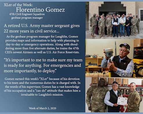 Florentino Gomez, 47th Civil Engineer Squadron geospace program manager, was chosen by wing leadership to be the “XLer of the Week” of March 2, 2020 at Laughlin Air Force Base, Texas. The “XLer” award, presented by Col. Lee Gentile, 47th Flying Training Wing commander, and Chief Master Sgt. Brian Lewis, 47th Operations Group superintendent, is given to those who consistently make outstanding contributions to their unit and the Laughlin mission. (U.S. Air Force Graphic by Senior Airman Anne McCready)