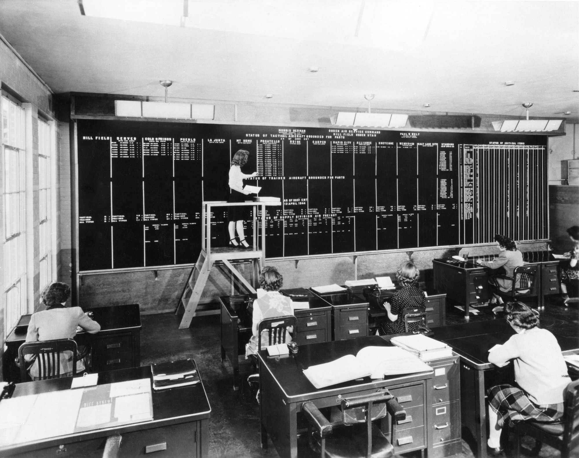 Women working for the Ogden Air Service Command’s Supply Division tracked aircraft grounded for parts using this large menu board, 13 April 1944.