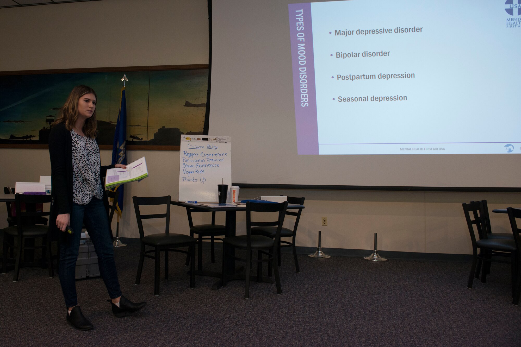 Carissa Peckrul, a Health360, Inc. Mental Health First Aid (MHFA) instructor, teaches an MHFA certification course to members of the Connecticut Air National Guard, January 15, 2020 at Bradley Air National Guard Base, East Granby, Conn. MHFA is a public education program that introduces participants to the warning signs of mental health problems and teaches them how to respond to a mental health crisis. (U.S. Air National Guard photo by Tech. Sgt. Tamara R. Dabney)