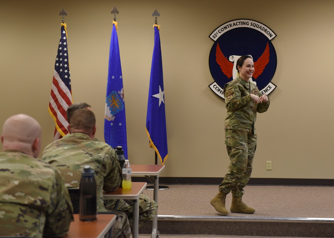 Brig. Gen. Alice Trevino, Air Force Installation Contracting Center commander, briefs members of the 82nd Contracting Squadron at an all-call at Sheppard Air Force Base, Texas, March 4, 2020. During the all-call, Trevino encouraged members to embrace change and create realize how much impact their innovative ideas had on the U.S. Air Force as a whole. (U.S. Air Force photo by Senior Airman Ilyana A. Escalona)