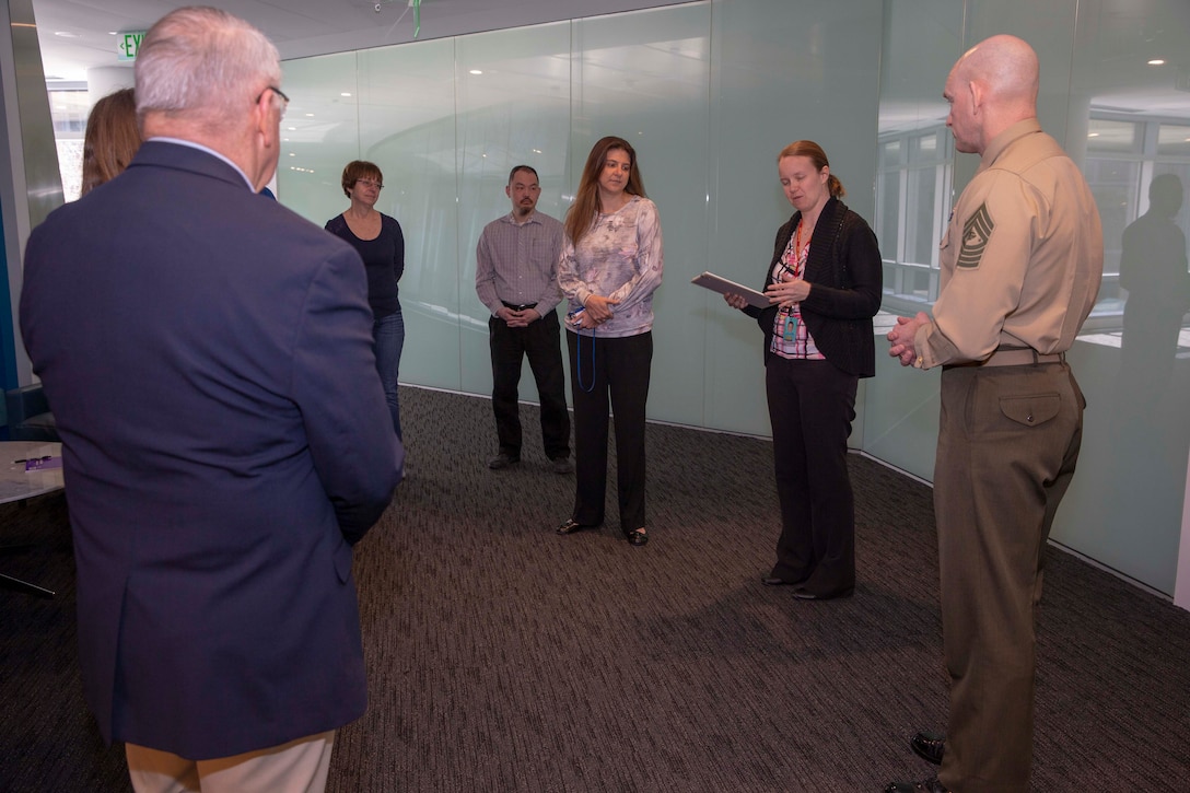 U.S. Marine Sgt. Maj. Troy E. Black, the 19th sergeant major of the Marine Corps addresses scientists and researchers at the Center of Naval Analysis and Solutions (CNA) in Arlington, V.A., March 4, 2020. Sgt. Maj. Black visited the CNA staff to thank them for their assistance in developing analytics aimed at improving Talent Development, Health, Wellness, and Fitness, and Personal Professional Education opportunities for Marines and Sailors.  (U.S Marine Corps photo by Sgt. Victoria Ross)