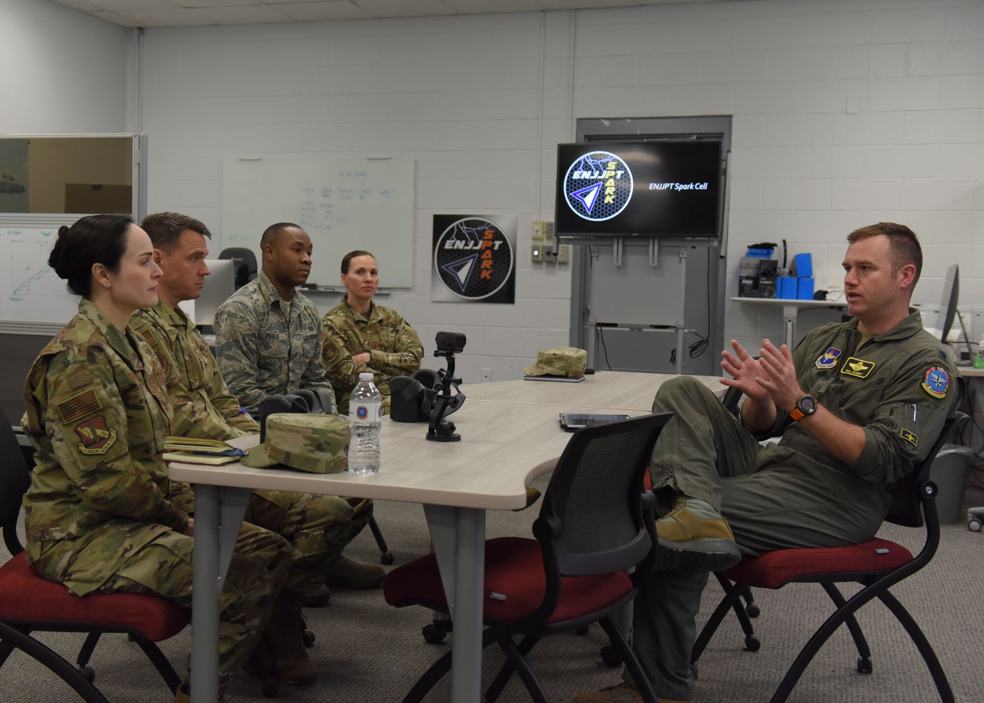 Lt. Col. Michael Schmidt, 80th Flying Training Wing director of strategic initiatives, introduces Brig. Gen. Alice Trevino, Air Force Installation Contracting Center commander, to the Euro-NATO Joint Jet Pilot Training Program's Spark Cell at Sheppard Air Force Base, Texas, March 4, 2020. The ENJJPT's Spark Cell mission is to implement new innovative technologies to enhance 80th FTW training. (U.S. Air Force photo by Senior Airman Ilyana A. Escalona)