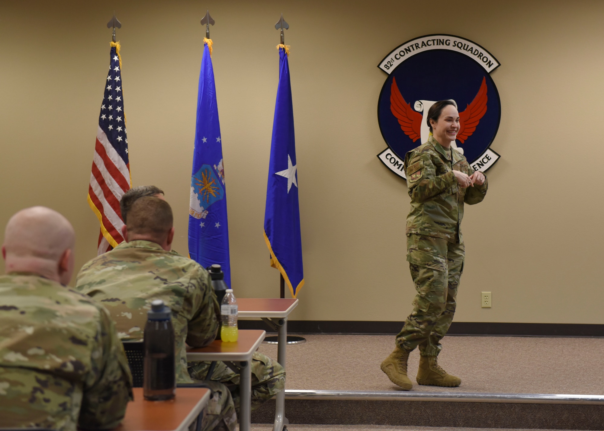 Brig. Gen. Alice Trevino, Air Force Installation Contracting Center commander, briefs members of the 82nd Contracting Squadron at an all-call at Sheppard Air Force Base, Texas, March 4, 2020. During the all-call, Trevino encouraged members to embrace change and create realize how much impact their innovative ideas had on the U.S. Air Force as a whole. (U.S. Air Force photo by Senior Airman Ilyana A. Escalona)