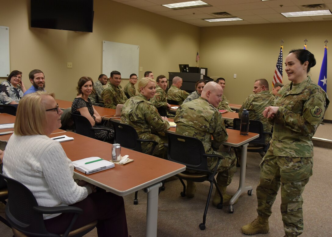 Brig. Gen. Alice Trevino, Air Force Installation Contracting Center commander, briefs members of the 82nd Contracting Squadron at an all-call at Sheppard Air Force Base, Texas, March 4, 2020. During the all-call, Trevino encouraged members to embrace change and create realize how much impact their innovative ideas had on the U.S. Air Force as a whole. (U.S. Air Force photo by Senior Airman Ilyana A. Escalona)
