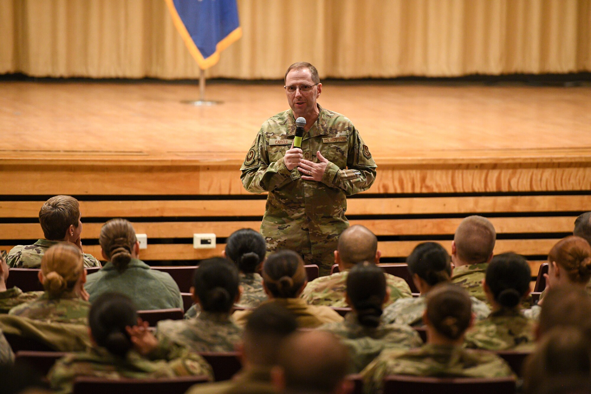 Chief Master Sgt. Stanley C. Cadell, Air Force Materiel command chief, speaks with Airmen during a town hall meeting at Hill Air Force Base, Utah, March 2, 2020. Cadell visited Hill AFB March 1-3 to tour facilities and meet with the base’s Airmen. (U.S. Air Force photo by R. Nial Bradshaw)