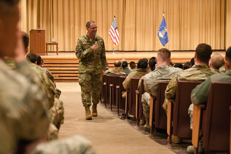 Chief Master Sgt. Stanley C. Cadell, Air Force Materiel command chief, speaks with Airmen during a town hall meeting at Hill Air Force Base, Utah, March 2, 2020. Cadell visited Hill AFB March 1-3 to tour facilities and meet with the base’s Airmen. (U.S. Air Force photo by R. Nial Bradshaw)