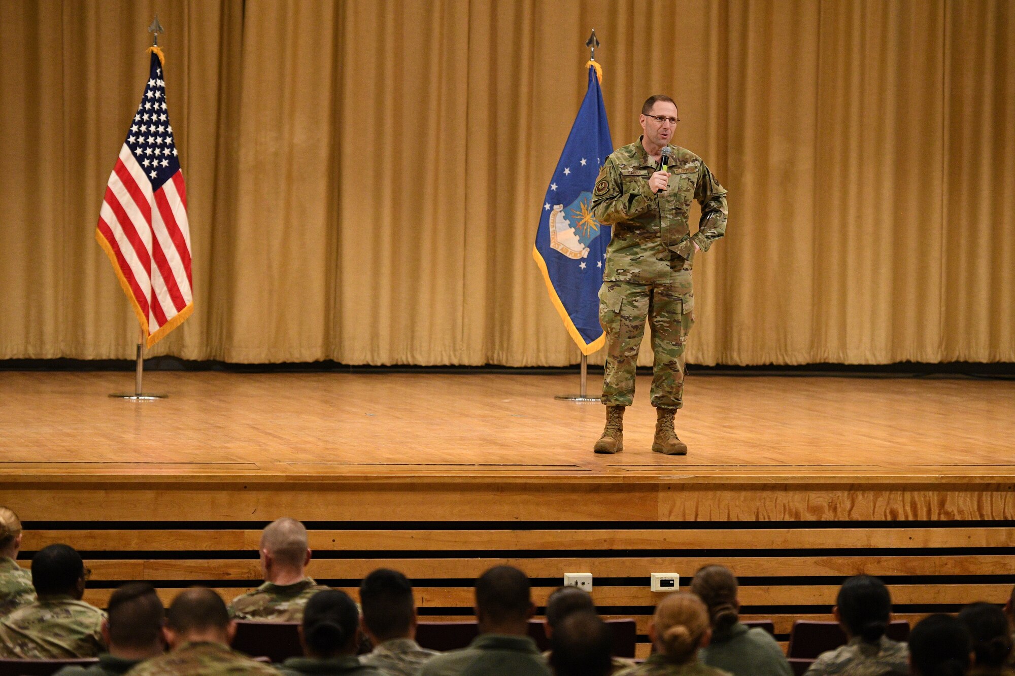 Chief Master Sgt. Stanley C. Cadell, Air Force Materiel command chief, speaks with Airmen during a town hall meeting at Hill Air Force Base, Utah, March 2, 2020. Cadell visited Hill AFB March 1-3 to tour facilities and meet with the base’s Airmen. (U.S. Air Force photo by R. Nial Bradshaw)