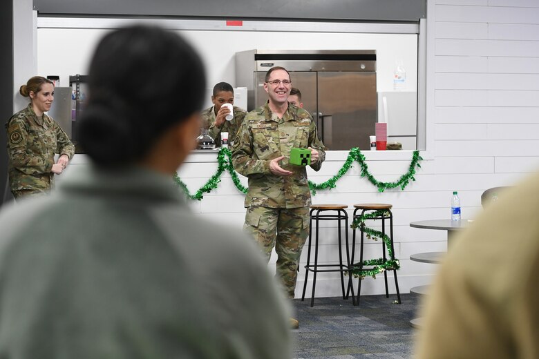 Chief Master Sgt. Stanley C. Cadell, Air Force Materiel Command command chief, visits with Airmen during an early morning “coffee talk” at Hill Air Force Base, Utah, March 3, 2020. Cadell visited Hill AFB March 1-3 to tour facilities and meet with the base’s Airmen. (U.S. Air Force photo by Cynthia Griggs)