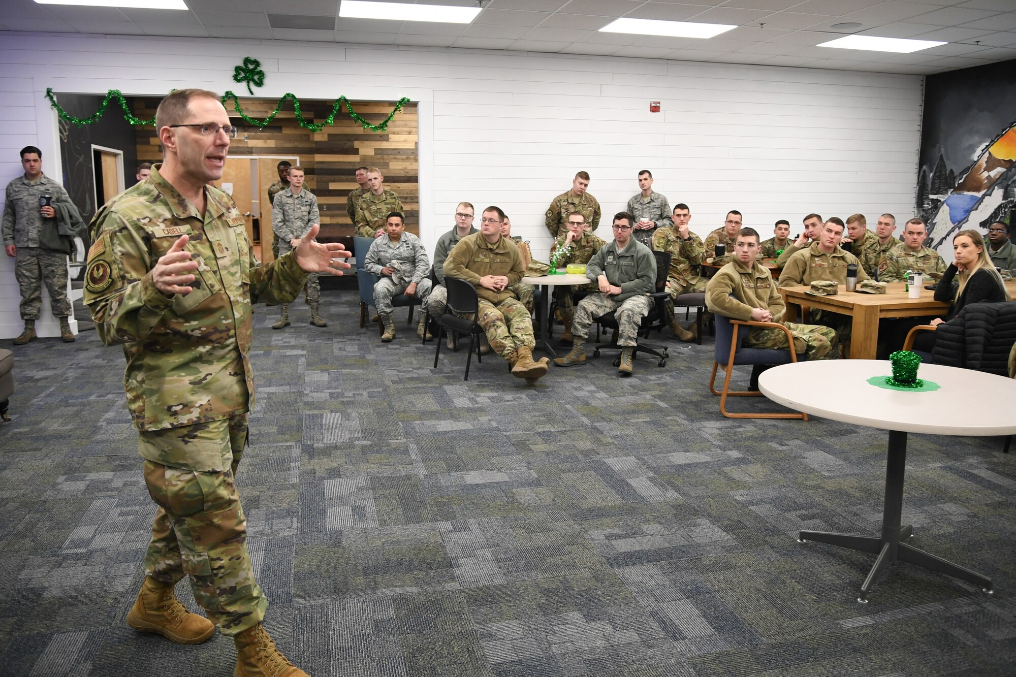 Chief Master Sgt. Stanley C. Cadell, Air Force Materiel Command command chief, visits with Airmen during an early morning “coffee talk” at Hill Air Force Base, Utah, March 3, 2020. Cadell visited Hill AFB March 1-3 to tour facilities and meet with the base’s Airmen. (U.S. Air Force photo by Cynthia Griggs)