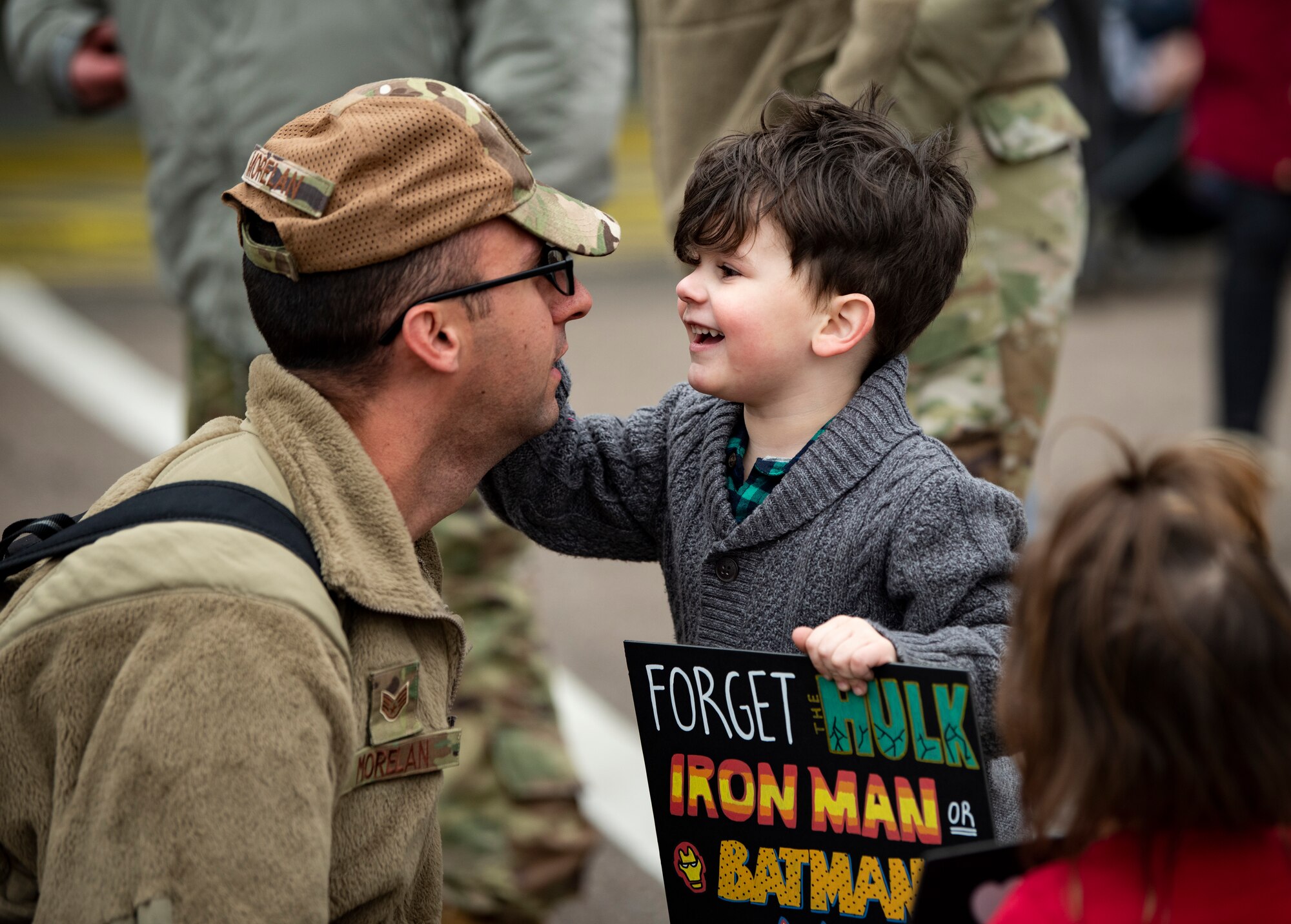 Friends and family welcome Airmen assigned to the 494th Fighter Squadron home from deployment at Royal Air Force Lakenheath, England, March 5, 2020. Airmen from the 48th Fighter Wing returned from a deployment supporting U.S. Air Force Central Command. (U.S. Air Force photo by Airman 1st Class Madeline Herzog)