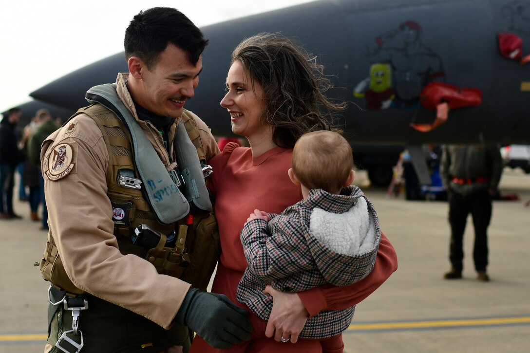 F-15E Strike Eagle aircrews assigned to the 494th Fighter Squadron reunited with loved ones at Royal Air Force Lakenheath, England, March 1, 2020.The 494th FS returned from a six-month deployment to the United Arab Emirates in support of on going operations in the Middle East. (U.S. Air Force photo/Master Sgt. Matthew Plew)