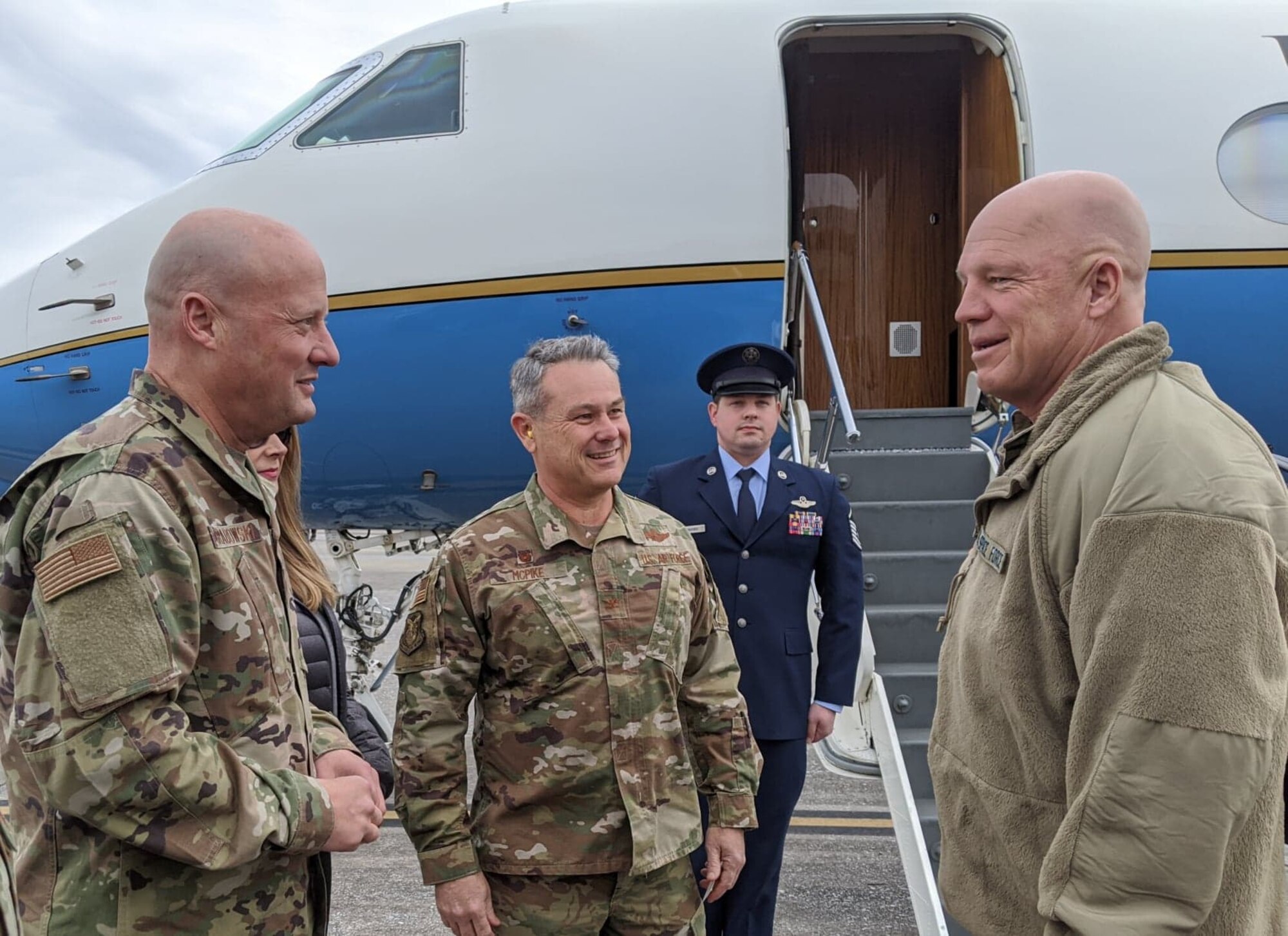 General Jay Raymond, Chief of Space Operations, U.S. Space Force and Commander, U.S. Space Command arrived at Dobbins Air Reserve Base, Feb. 23, 2020. Upon arrival Gen. Raymond was greeted by Col. Craig McPike, Commander, 94th Airlift Wing and Dobbins Installation Commander, and his spouse Jennifer McPike along with Brig. Gen. Thomas Grabowski, Commander, GA Air National Guard and State Command Chief Master Sgt. Lynda Washington, GA Air National Guard. (Courtesy photo)