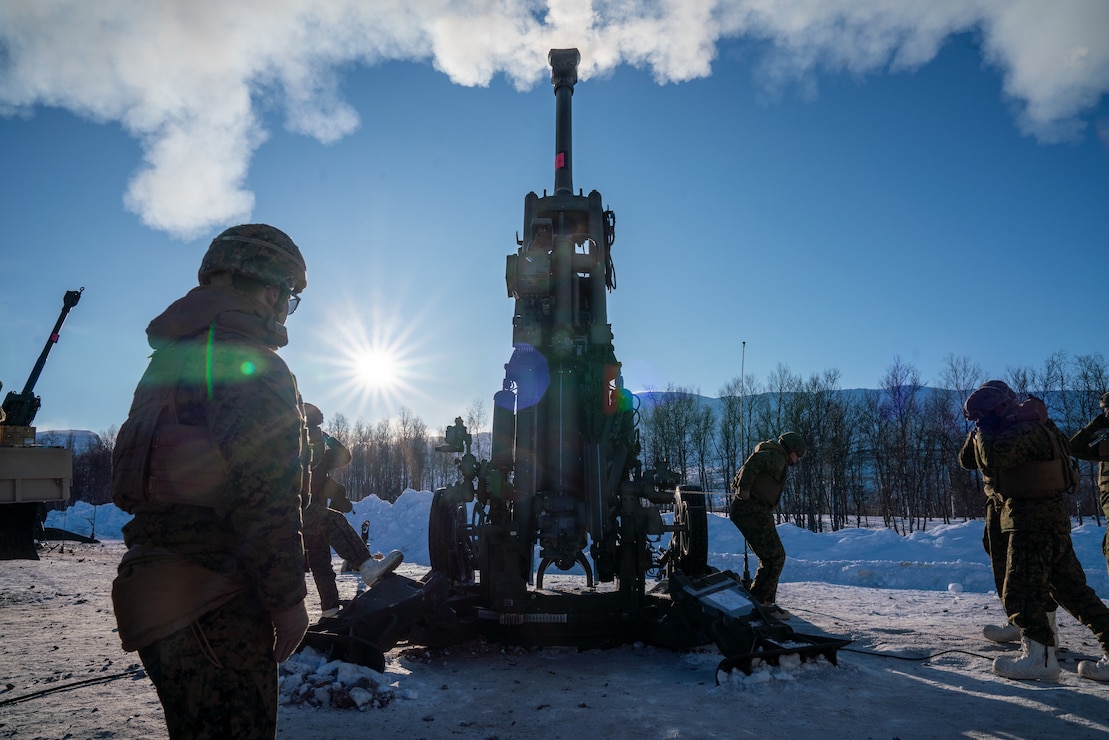 U.S. Marines from II Marine Expeditionary Force, fire an M777 howitzer during a live-fire range near Setermoen, Norway, March 4, 2020. Artillery Marines conducted the live-fire range in preparation for Exercise Cold Response, a Norwegian-led exercise designed to enhance military capabilities and allied cooperation in high-intensity warfighting in a challenging arctic environment. (U.S. Marine Corps photo by Cpl. Menelik Collins)