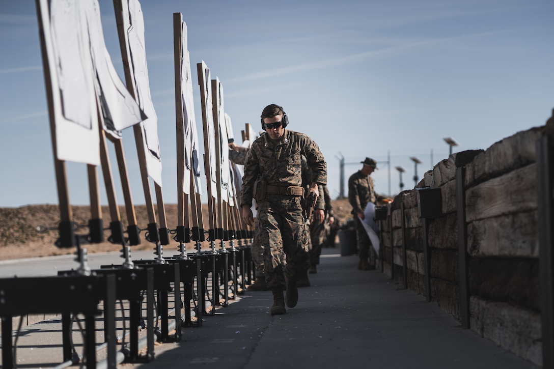 A U.S. Marine leaves the pistol range pits at Marine Corps Air Ground Combat Center, Twentynine Palms, Calif., Feb. 12.
