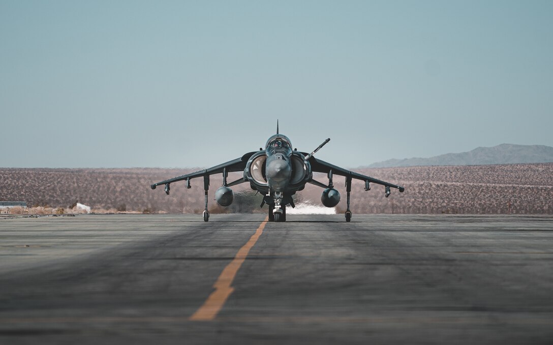 A U.S. Marine AV-8B Harrier taxies to be refueled during Integrated Training Exercise at Marine Corps Air Ground Combat Center, Twentynine Palms, Calif., Feb. 12.
