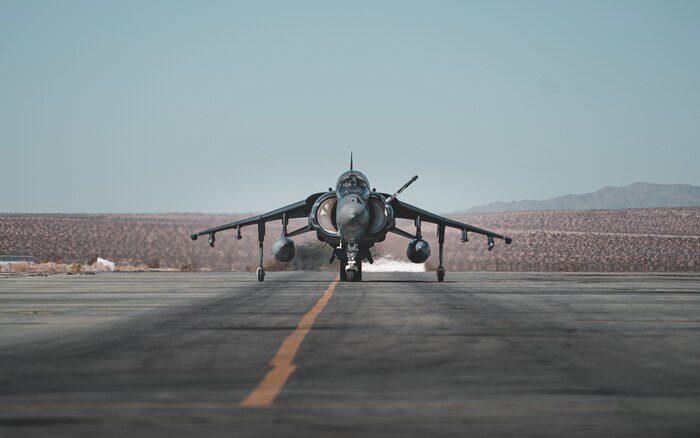 A U.S. Marine AV-8B Harrier taxies to be refueled during Integrated Training Exercise at Marine Corps Air Ground Combat Center, Twentynine Palms, Calif., Feb. 12.