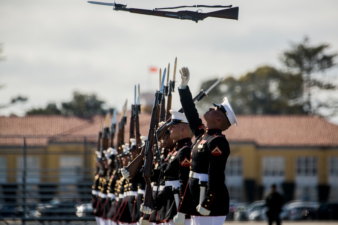 U.S. Marine Corps Silent Drill Platoon, Marine Barracks Washington, D.C., performs during the Battle Color Ceremony at Marine Corps Recruit Depot, San Diego, Feb. 29.
