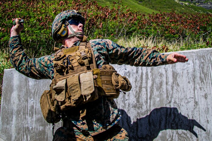 A U.S. Marine with Charlie Battery, 1st Battalion, 12th Marine Regiment, throws an M67 grenade at his target on Marine Corps Base Hawaii, Feb. 13.