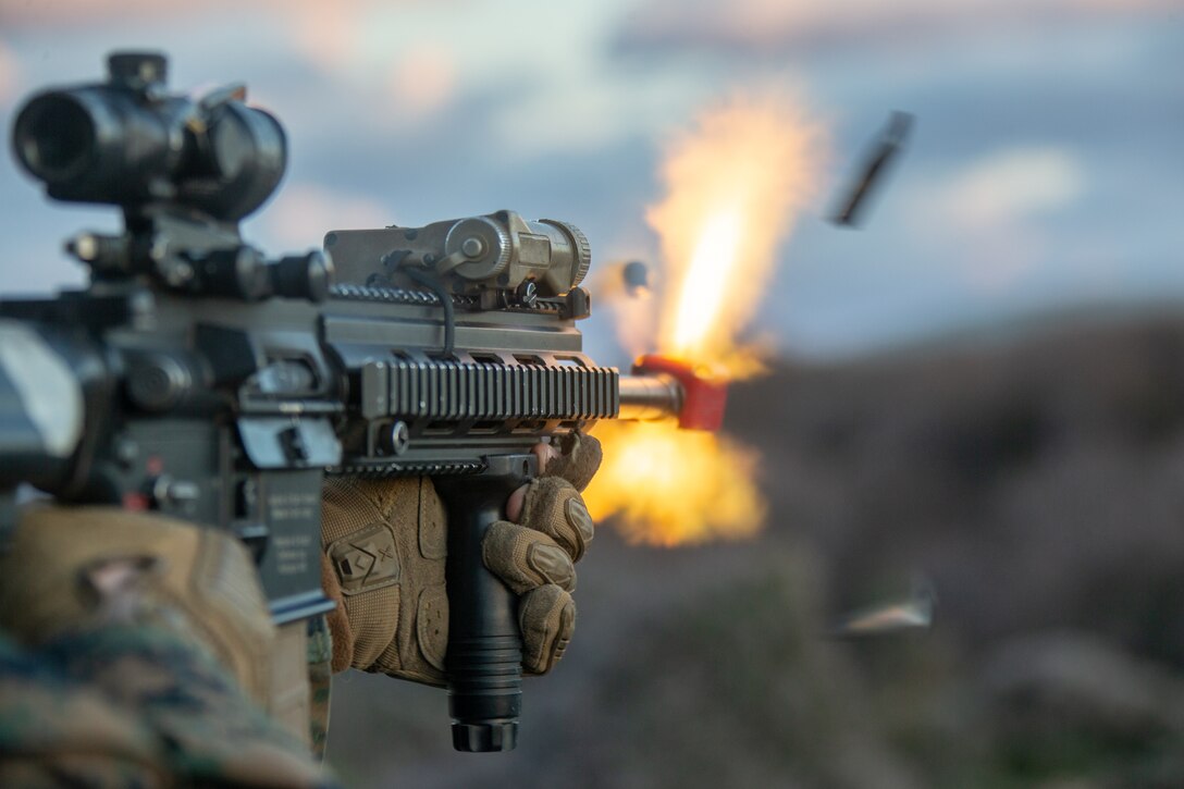 A U.S. Marine with 3rd Battalion, 2nd Marine Regiment, 2d Marine Division fires blank ammunition during Exercise Alexander the Great 2020 in Skyros, Greece, Feb. 7.
