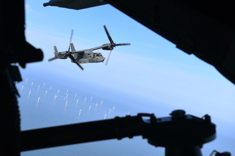 A CV-22B Osprey flies over the North Sea