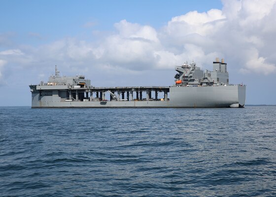 CHESAPEAKE BAY (Sept. 15, 2019) The Military Sealift Command expeditionary sea base USNS Hershel 'Woody' Williams (ESB 4) is at anchor in the Chesapeake Bay, Sept. 15, 2019 during mine countermeasure equipment testing. (U.S. Navy photo by Bill Mesta/Released)