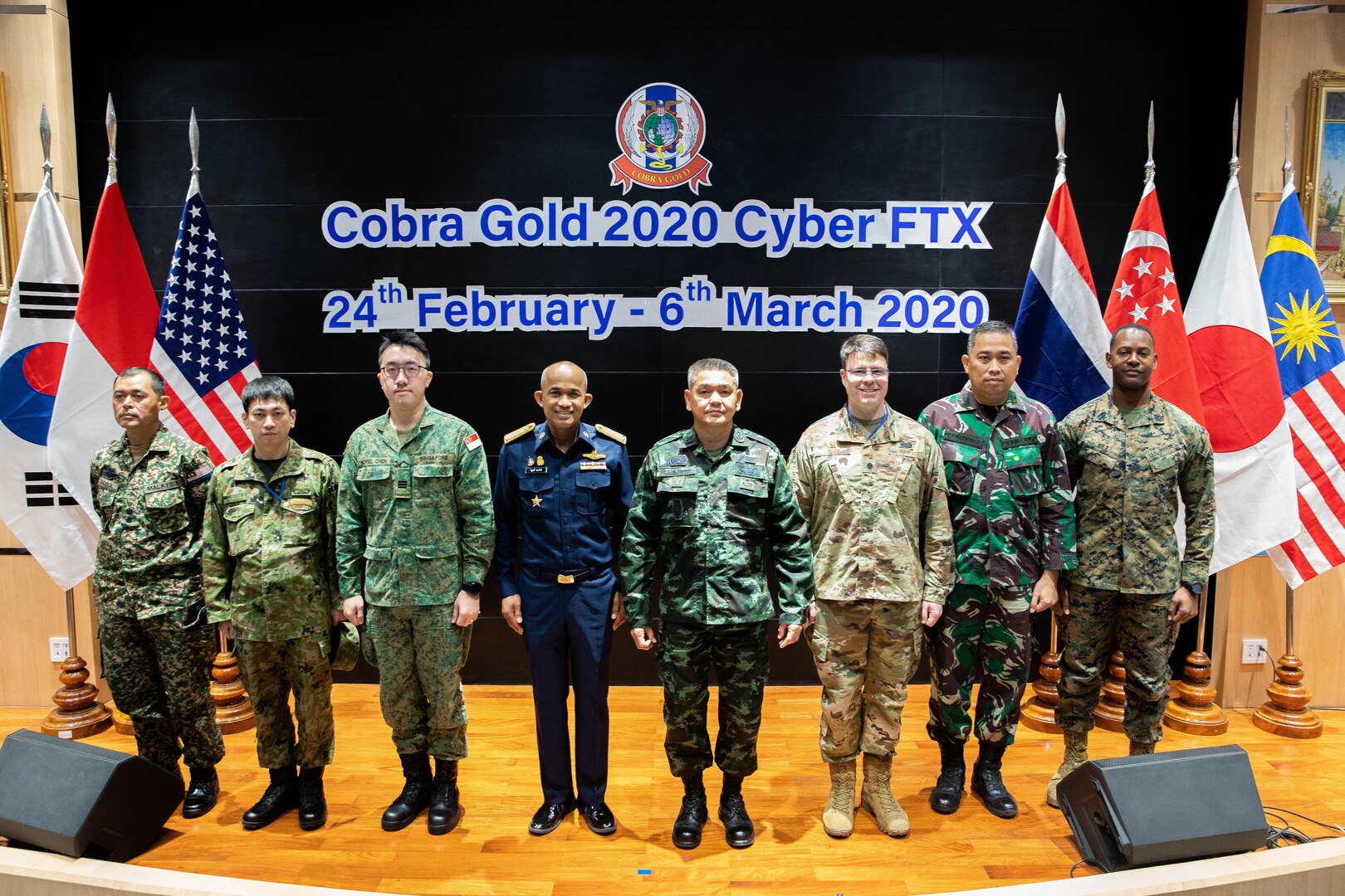 Distinguished visitors from multinational armed forces from Thailand, the United States, Republic of Korea, Malaysia, Singapore, Indonesia and Japan  during the cyber field training exercise opening ceremony Feb. 25, 2020, at Royal Thai Armed Forces Headquarters, Bangkok, Thailand. The cyber FTX was part of Exercise Cobra Gold 20 to advance regional security and ensure effective responses to regional crises by bringing together a robust multinational force to address shared goals and security commitments in the Indo-Pacific.