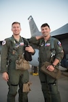 First Lt. Jared Wesemann and 1st Lt. Ian Bonner, two F-16 student pilots assigned to the 149th Fighter Wing, Air National Guard, during Coronet Cactus, Feb. 24, 2020, at Luke Air Force Base, Ariz. The annual training event deploys members of the 149th Fighter Wing, headquartered at Joint Base San Antonio-Lackland, Texas, to another environment to accomplish mission objectives in an unfamiliar location.
