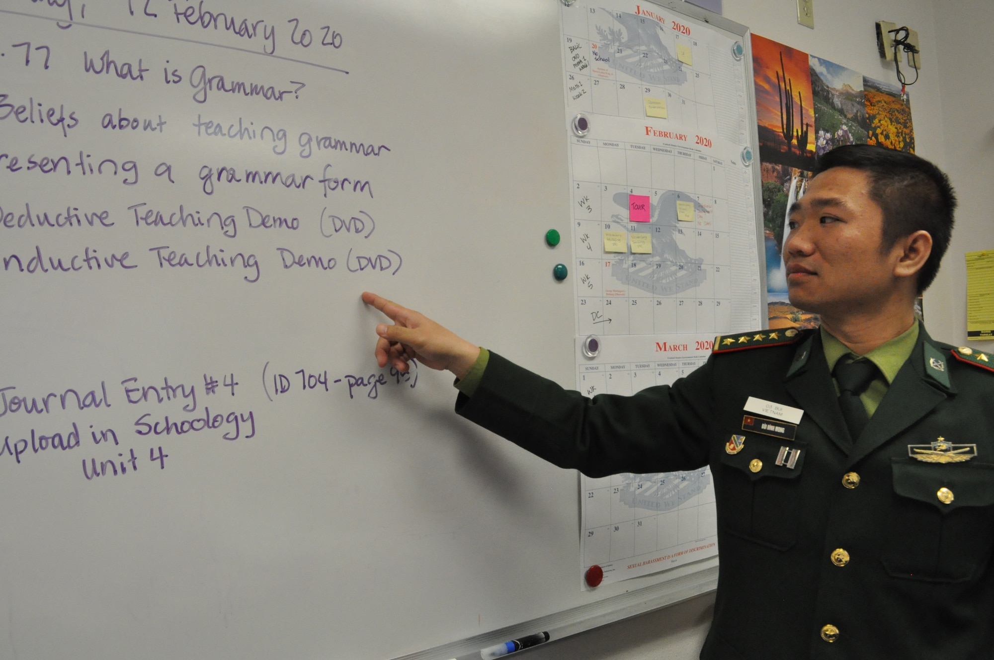 DLIELC upholds the US partnership with Vietnam in many ways. On-campus, DLIELC hosts students from all of Vietnam's branches of military. Pictured is CPT Dinh Mong Bui of the Vietnmanese Army in his General English (GE) classroom. Once graduated from GE, CPT Bui will continue his English Language Training in the Basic American Language Instructor Course (BALIC).