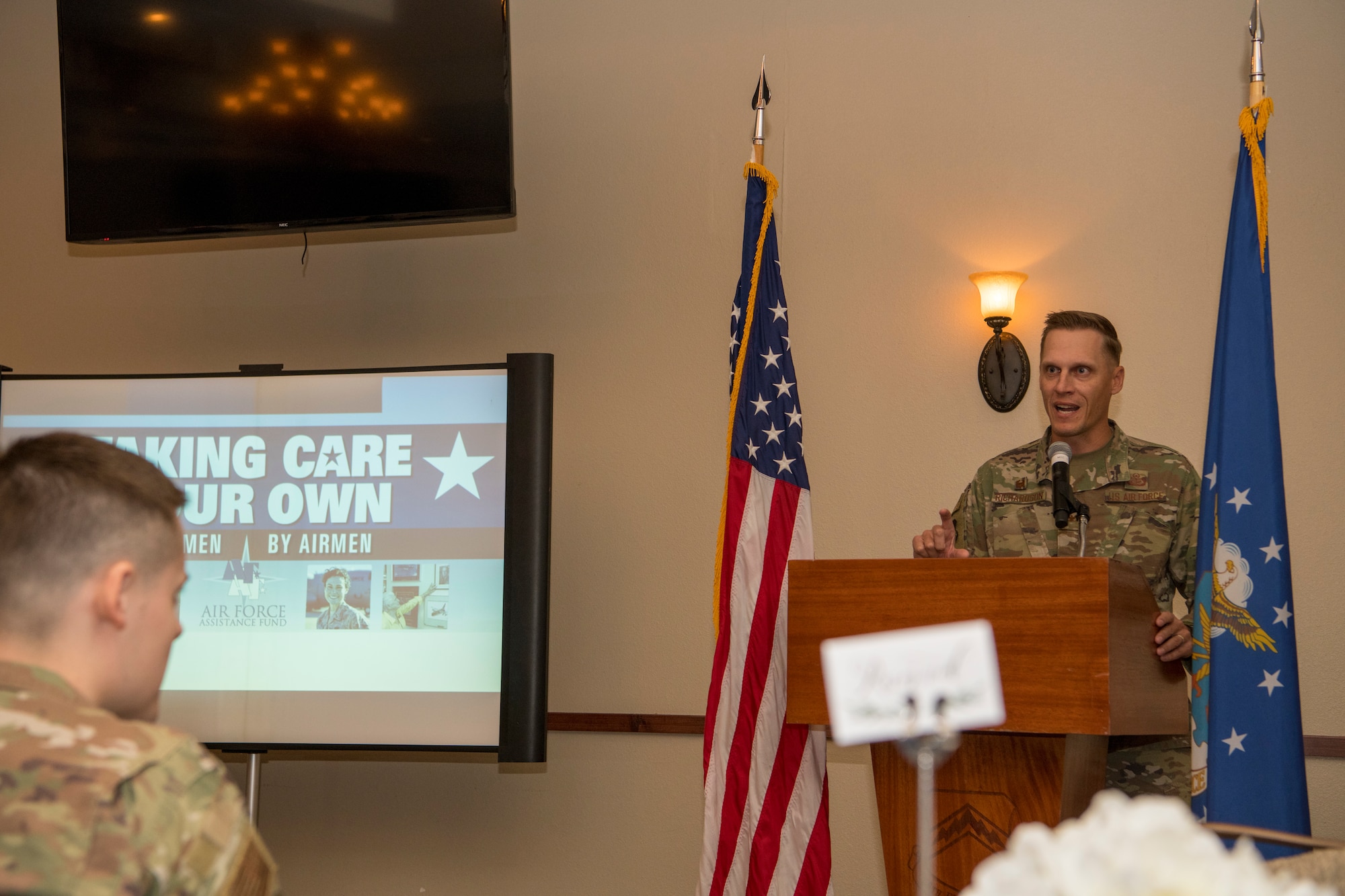 Col. Ryan Richardson, 56th Mission Support Group commander, speaks during the Air Force Assistance Fund campaign kickoff event March 5, 2020, at Luke Air Force Base, Ariz.