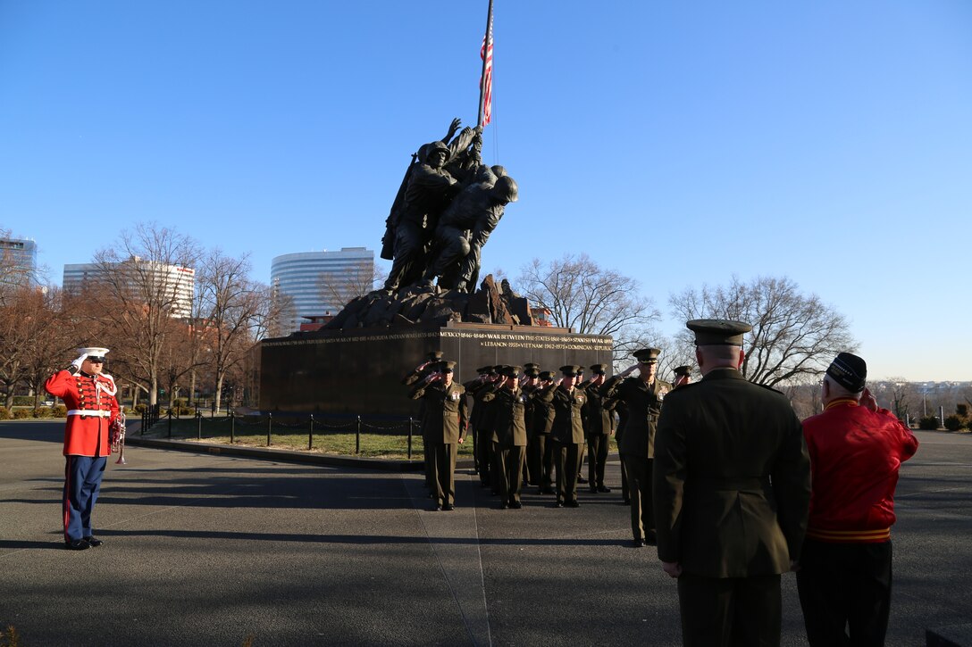 On Sunday, Feb. 23, 2020, Marines from the National Capital Region met with Medal of Honor recipient Chief Warrant Officer 4 Herschel “Woody” Williams who fought on Iwo Jima. A Marine Band trumpet player sounded “Taps” as CWO4 Williams paid tribute to those who died on the island, including two Marines who died defending him: Cpl. Warren H. Bornholz and Pfc. Charles G. Fischer. #IwoJima75 (U.S. Marine Corps photo by Gunnery Sgt. Rachel Ghadiali/released)