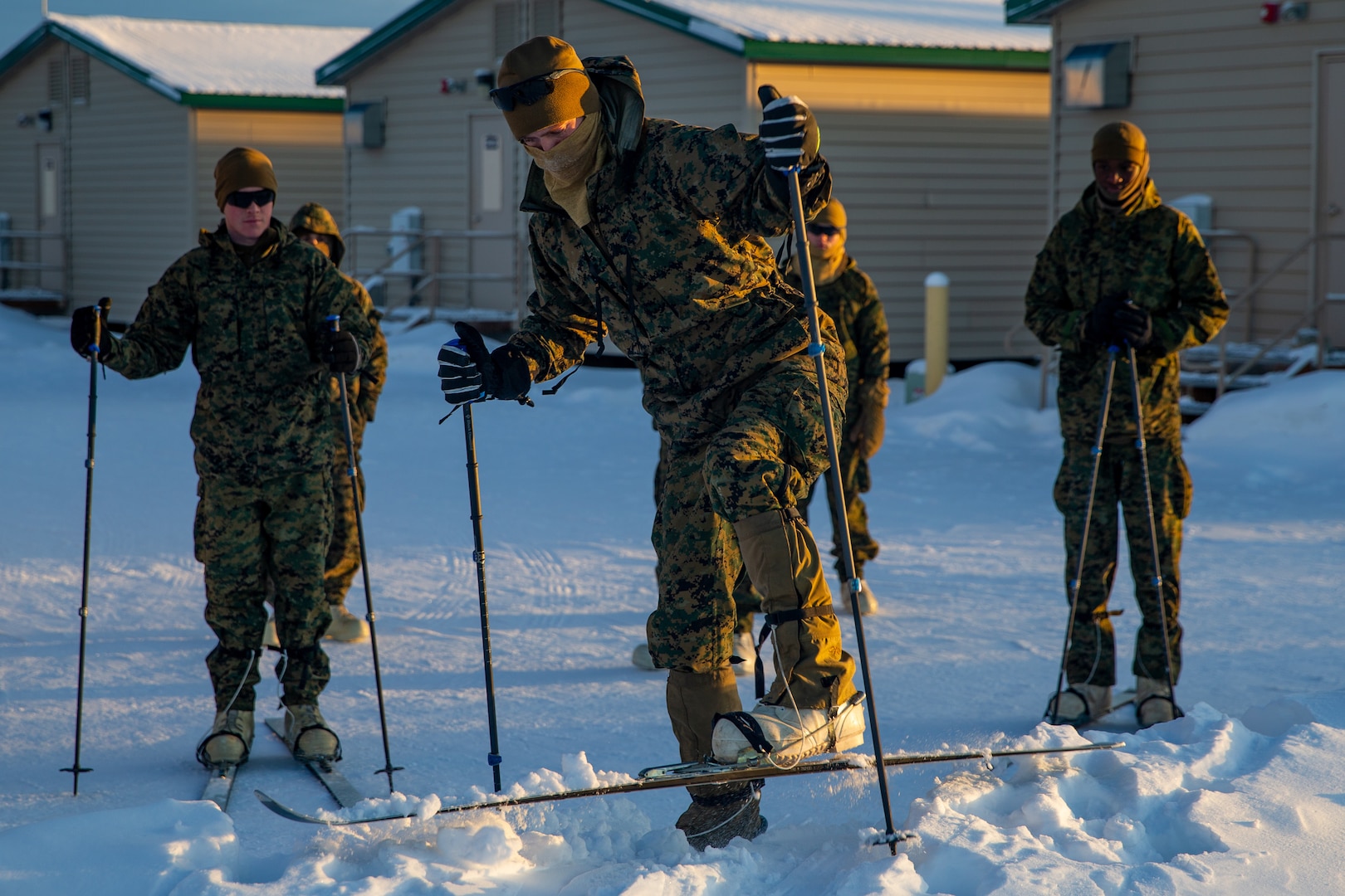 U.S. Marines practice using skiing equipment during Exercise Arctic Edge 20 at Fort Greely, Alaska, Feb. 3.