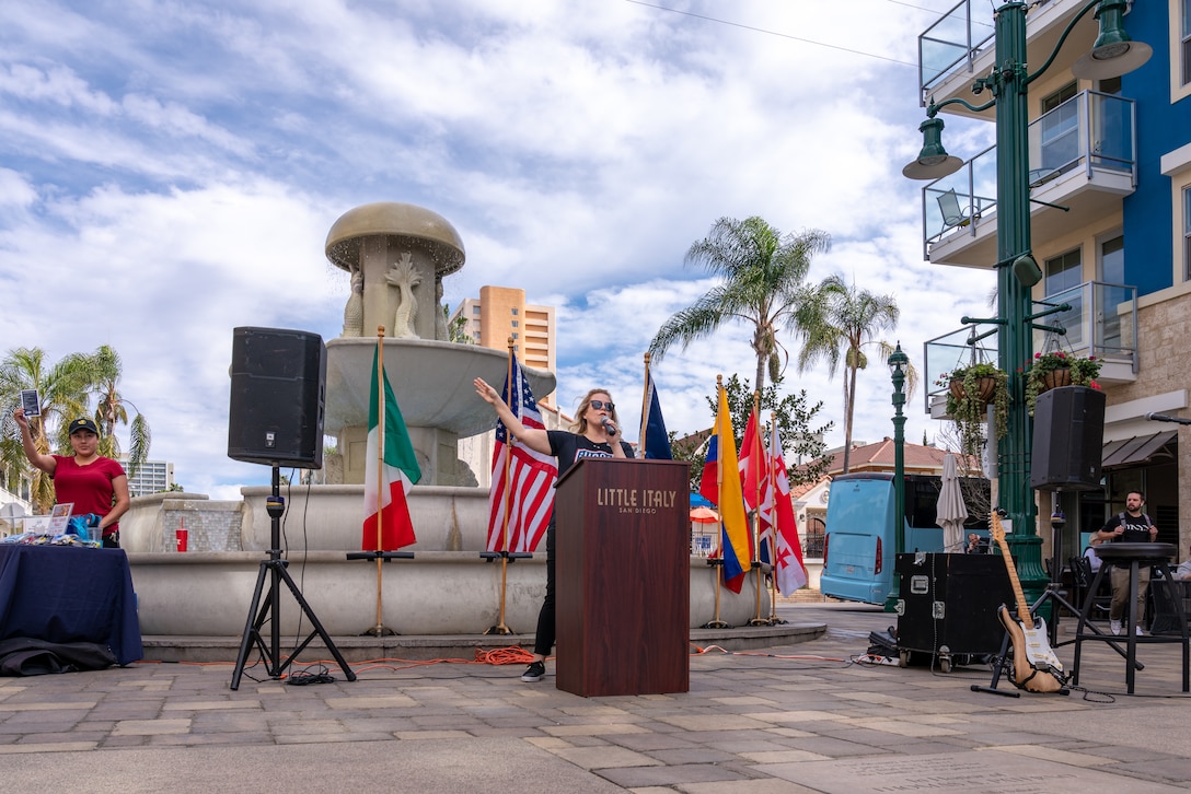 A representative from the USO speaks to athletes during the 2020 Marine Corps Trials International Day at San Diego, California, Feb. 28. The Marine Corps Trials promotes rehabilitation and camaraderie through adaptive sport participation and serves as the primary venue to select Marine Corps participants for the DoD Warrior Games.
