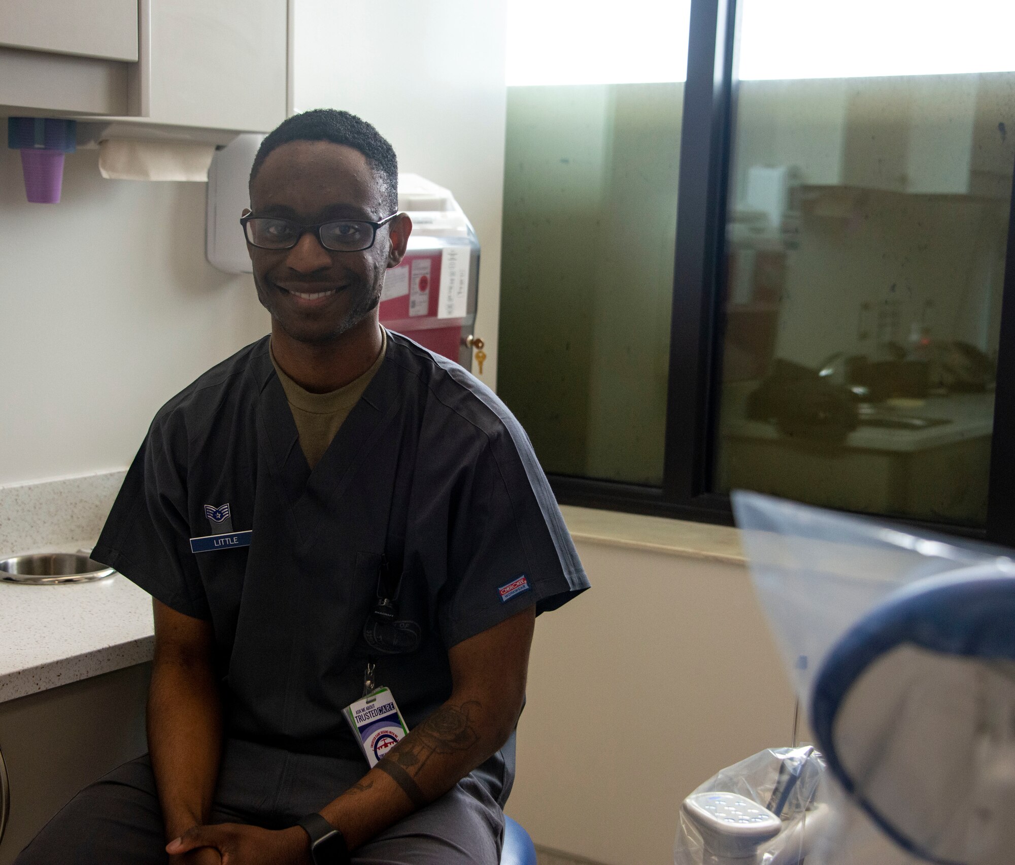 Staff Sgt. Myron Little, 325th Operational Medical Readiness Squadron noncommissioned officer in charge of dental logistics, poses for a photo at Tyndall Air Force Base, Florida, Mar. 4, 2020. Dental Assistants Recognition Week is held the first week in March to recognize the critical part dental assistants play in patient care. (U.S. Air Force photo by 2nd Lt. Kayla Fitzgerald)