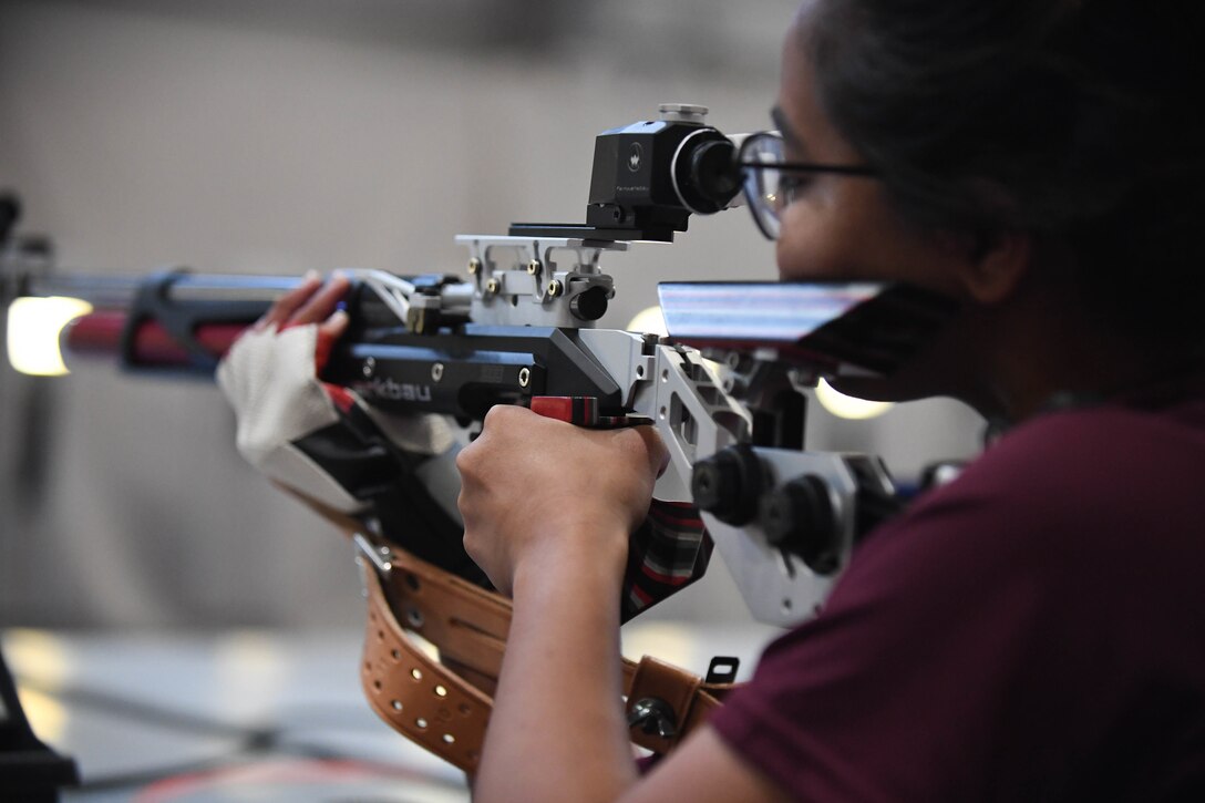 Marine Corps Trial athlete Lance Cpl. Diane Barroga practices sighting in for the upcoming marksmanship events during the 2020 Marine Corps Trials on Marine Corps Base Camp Pendleton, Calif., March 1. The Marine Corps Trials promotes rehabilitation through adaptive sports participation for recovering service members and veterans all over the world.
