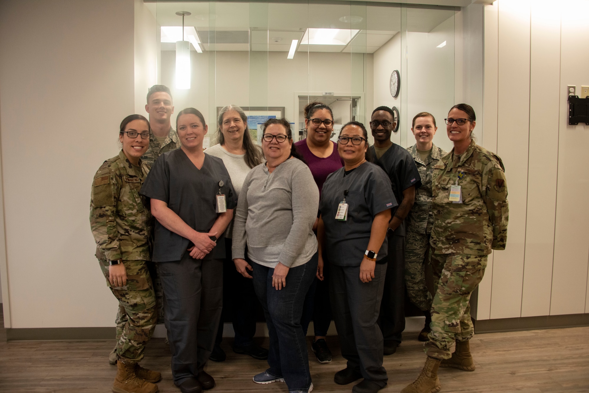Dental technicians with the 325th Operational Medical Readiness Squadron pose for a group photo at Tyndall Air Force Base, Mar. 4, 2020. Dental Assistants Recognition Week is held the first week in March to recognize the critical part dental assistants play in patient care. (U.S. Air Force photo by 2nd Lt. Kayla Fitzgerald)