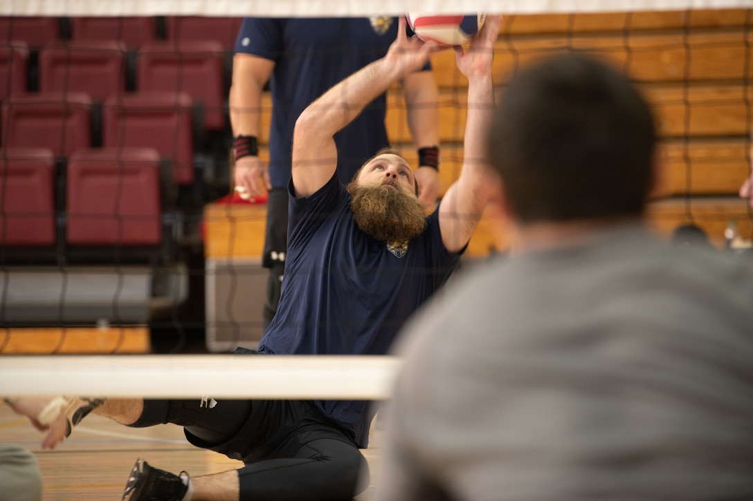 U.S. Marine Corps veteran Matthew Hargrove hits a volleyball during practice for the 2020 Marine Corps Trials at Marine Corps Base Camp Pendleton, Calif., March 3. The Marine Corps Trials promotes recovery and rehabilitation through adaptive sport participation and develops camaraderie among recovering service members.