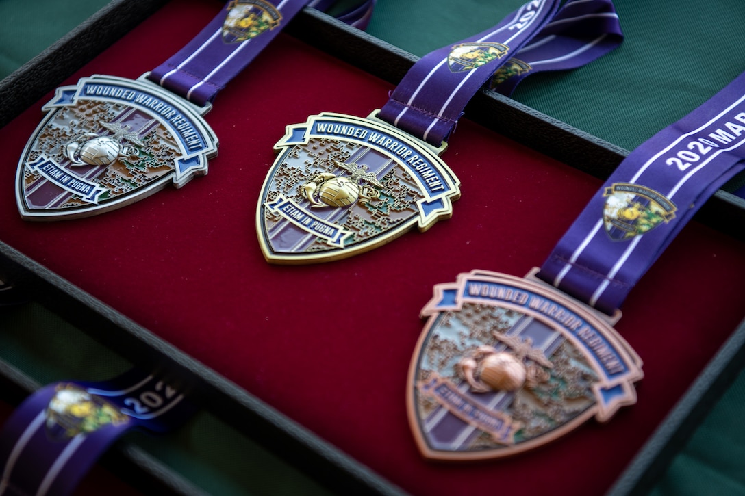 The gold, silver and bronze medals for the 2020 Marine Corps Trials golf tournament at Marine Corps Base Camp Pendleton, Calif., March 4. The Marine Corps Trials promotes recovery and rehabilitation through adaptive sports participation and develops camaraderie among recovering service members.