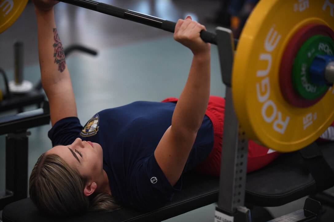 U.S. Marine Corps Lance Cpl. Claire Morrow competes in the 2020 Marine Corps Trials powerlifting competition at Marine Corps Base Camp Pendleton, Calif., March 4. The Marine Corps Trials is an adaptive sports event involving more than 200 wounded, ill or injured Marines, Sailors, veterans and international competitors.