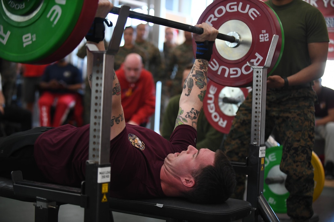 U.S. Marine Corps Sgt. Brandon Tallent competes in the 2020 Marine Corps Trials powerlifting competition at Marine Corps Base Camp Pendleton, Calif., March 4. The Marine Corps Trials promotes recovery and rehabilitation through adaptive sports participation and develops camaraderie among recovering service members and veterans.