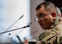 U.S. Army Col. Omar Lomas, 42nd Military Police Brigade commander, briefs Joint Task Force Civil Support (JTF-CS) leadership during the spring mission planning conference at Jacobs Conference Center.