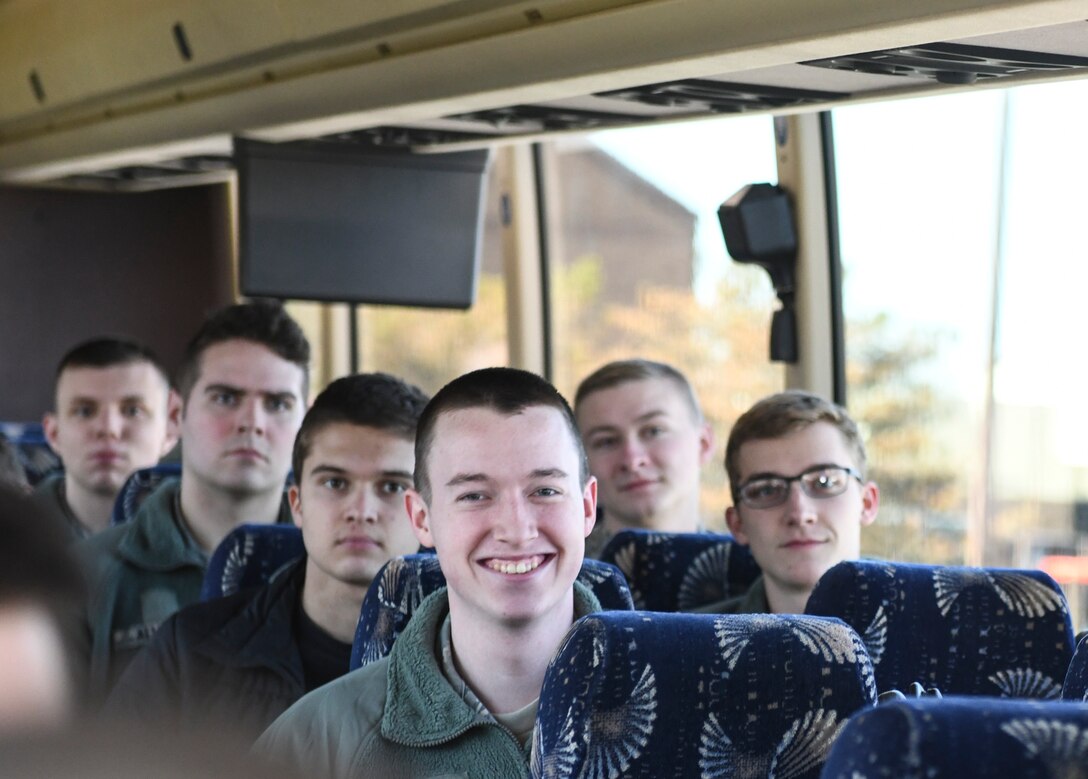 Indiana State University Detachment 218 Air Force Reserve Officer Training Corps cadets pause for a photo during a tour at Whiteman Air Force Base, Mo., Mar. 3, 2020. Team Whiteman's officers afforded the 28 cadets with an opportunity to talk with officers and pilots about their roles in the Air Force. (U.S. Air Force photo by Staff Sgt. Sadie Colbert)